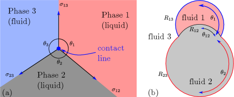 Schematic of a three-phase contact line between two liquids and a third fluid. The three phases are labelled 1, 2 and 3, and occupy a sector of angle θ1, θ2 and θ3, respectively. The surface tension of the interface between phase i and j is σij.